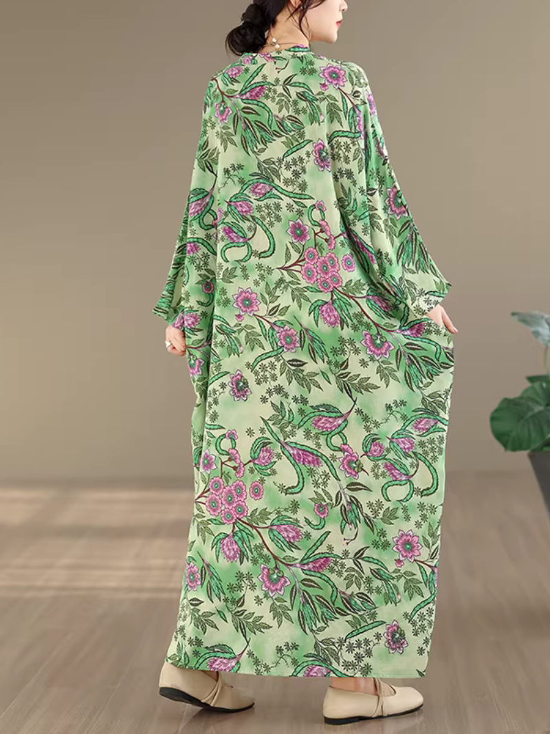 Botanical Print Maxi Kaftan Dress in Airy Artificial Cotton Elegance