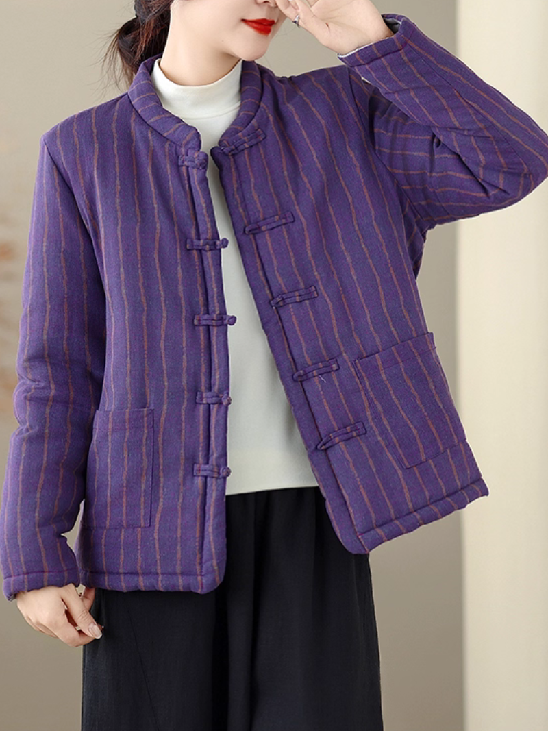 Heritage-inspired striped cotton jacket with mandarin collar, elegant women's outerwear
