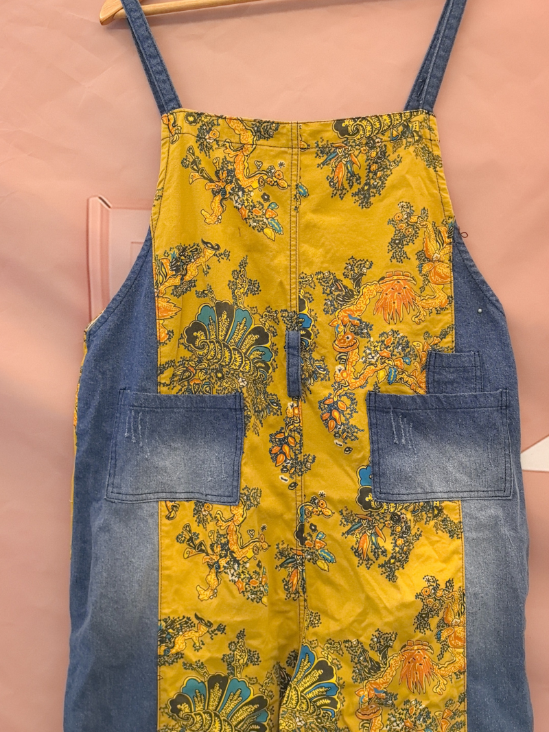 Boho Vintage Print Dungarees with Denim Panels - Cropped Loose Overalls