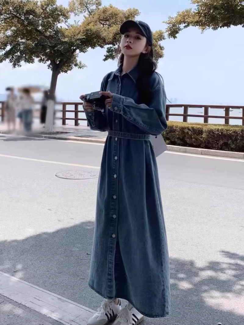 Chic Longline Denim Coat in Cotton, Minimal Maxi Duster for Weekends