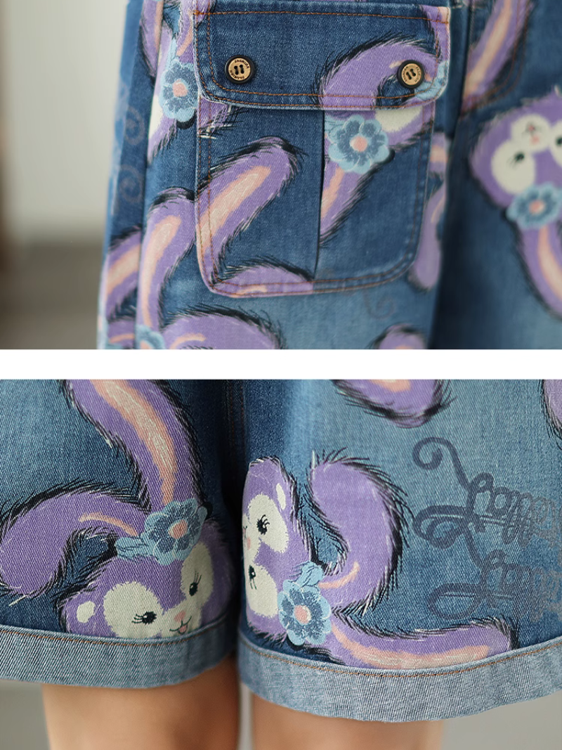 Cartoon Style Printed Denim Short Overalls for Women | Eva Trends