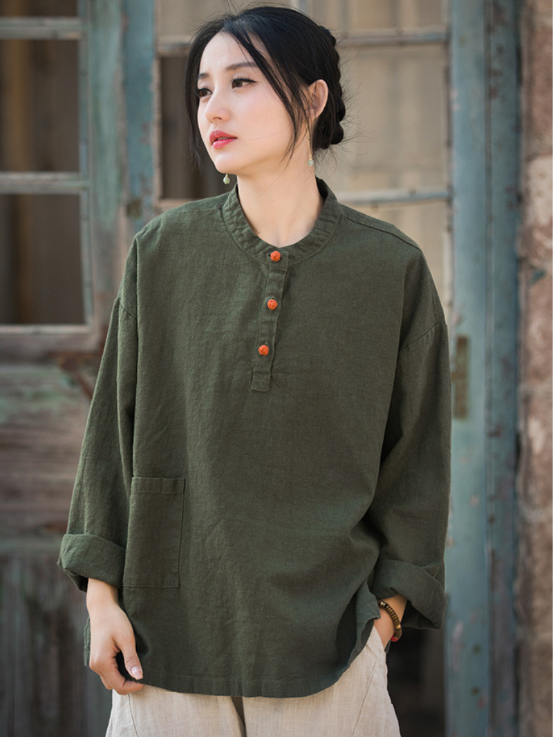 Artisan Mandarin-Collar Linen Blouse with Henley Buttons, Relaxed Silhouette, Pocket