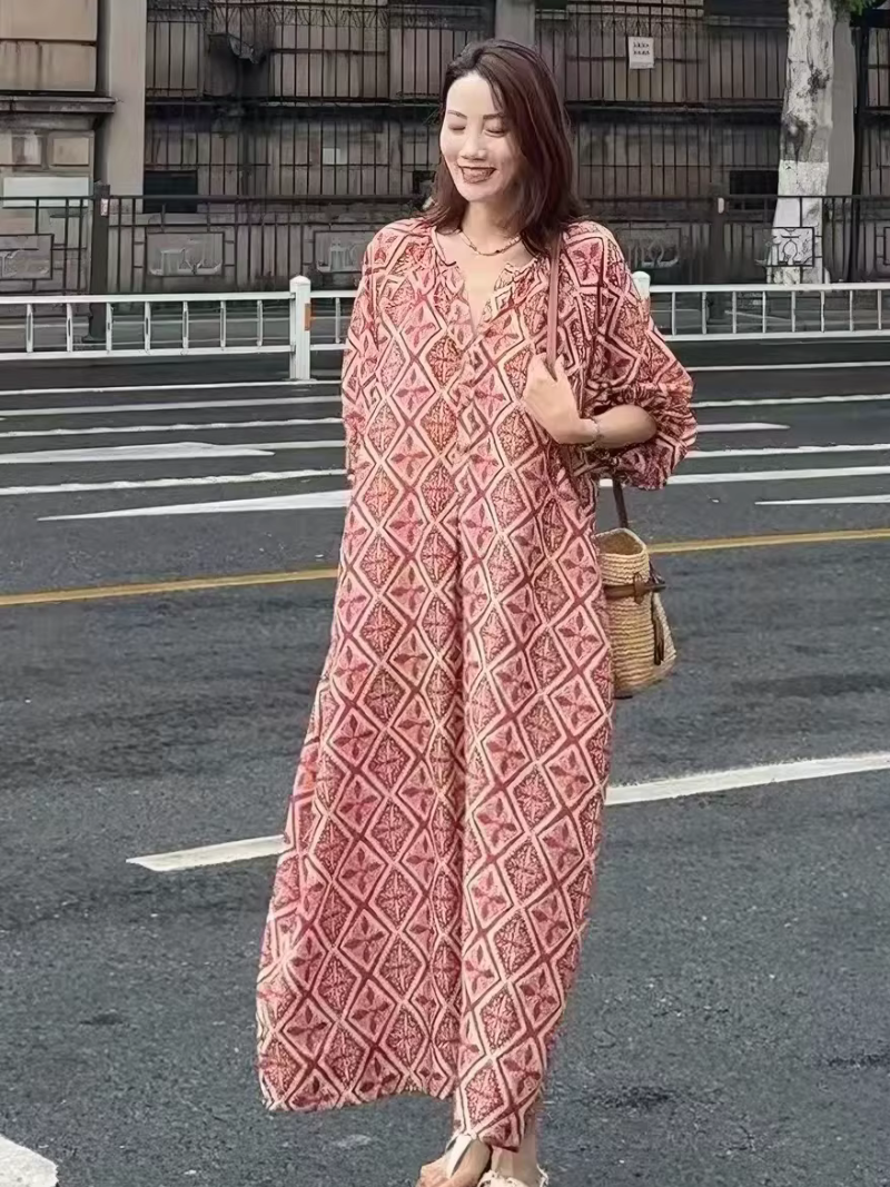 Boho Maxi Dress with V-Neck and Billowed Sleeves in Viscose Rayon