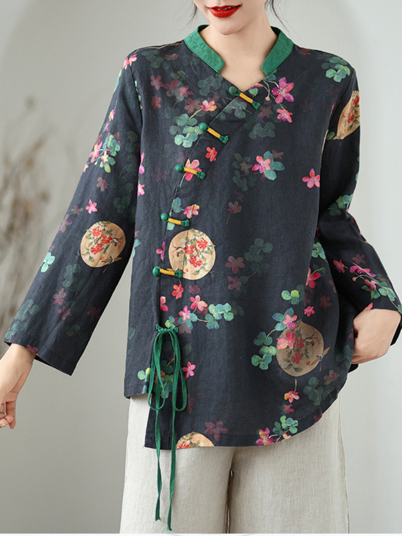 Artisanal Cotton-Linen Floral Blouse with Mandarin Collar and Wrap Detail