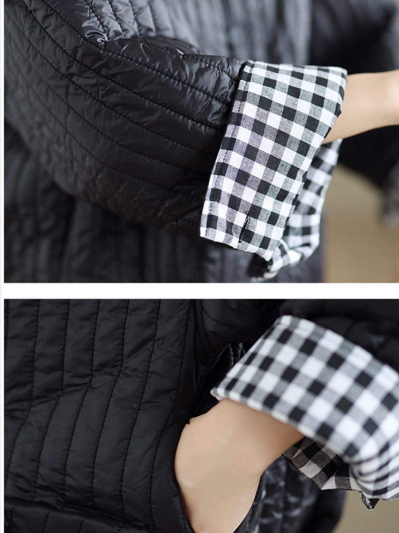 Chic Quilted Jacket, Round-Neck Boxy Silhouette with Gingham Cuff Detail