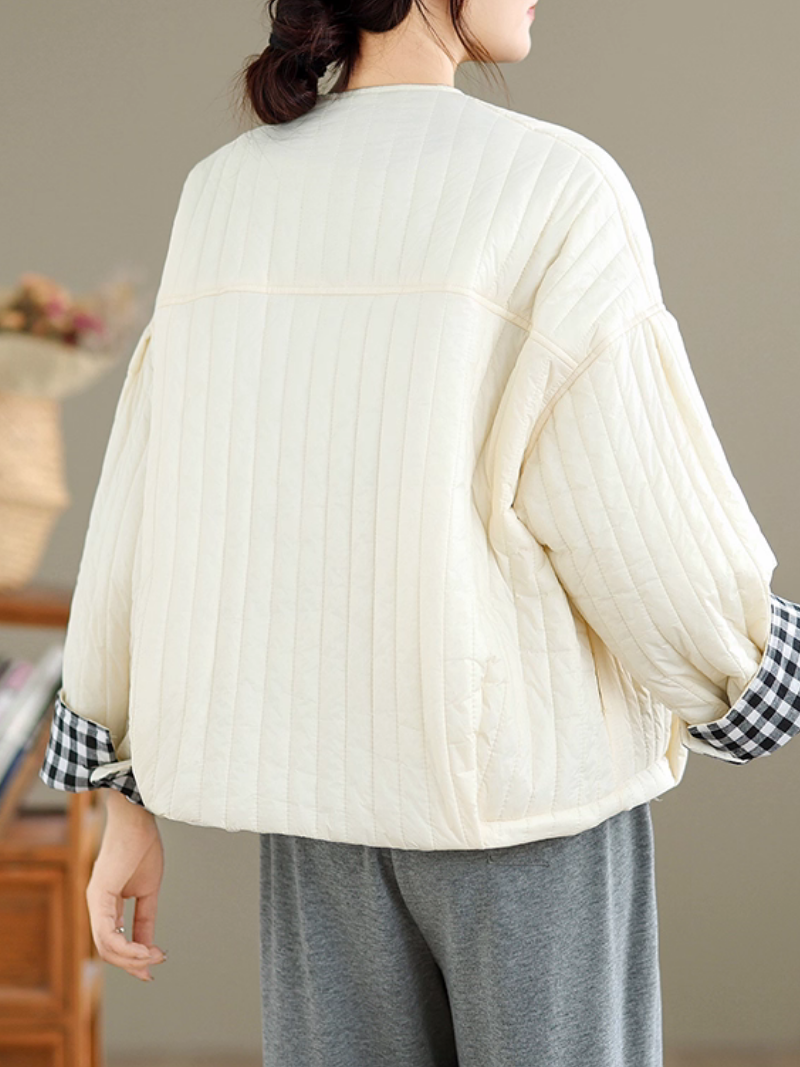 Chic Quilted Jacket, Round-Neck Boxy Silhouette with Gingham Cuff Detail