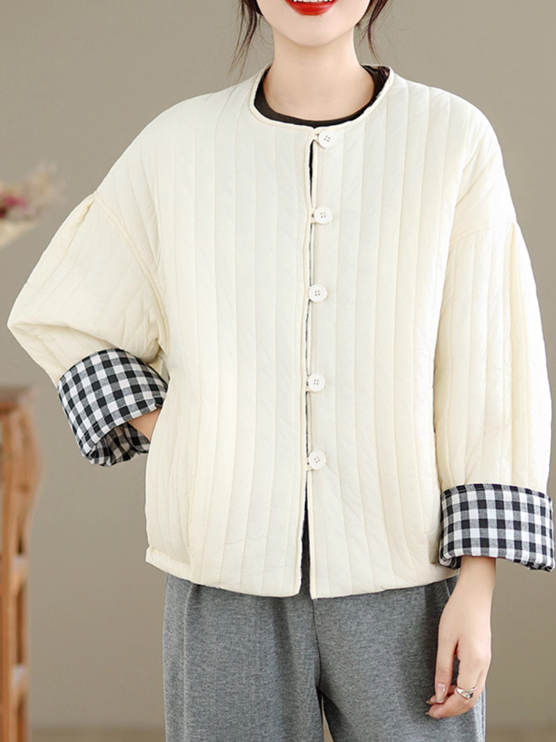 Chic Quilted Jacket, Round-Neck Boxy Silhouette with Gingham Cuff Detail