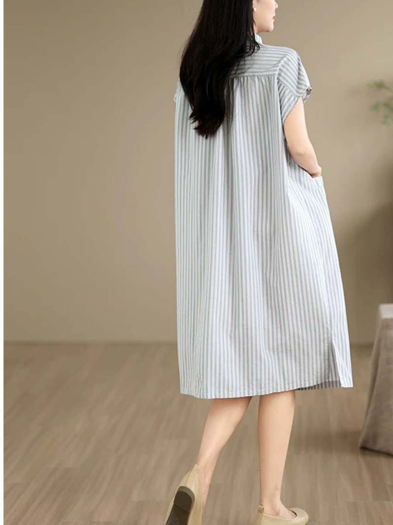 Effortless Weekend Shirt Dress — Cotton Linen Ease with Subtle Stripes