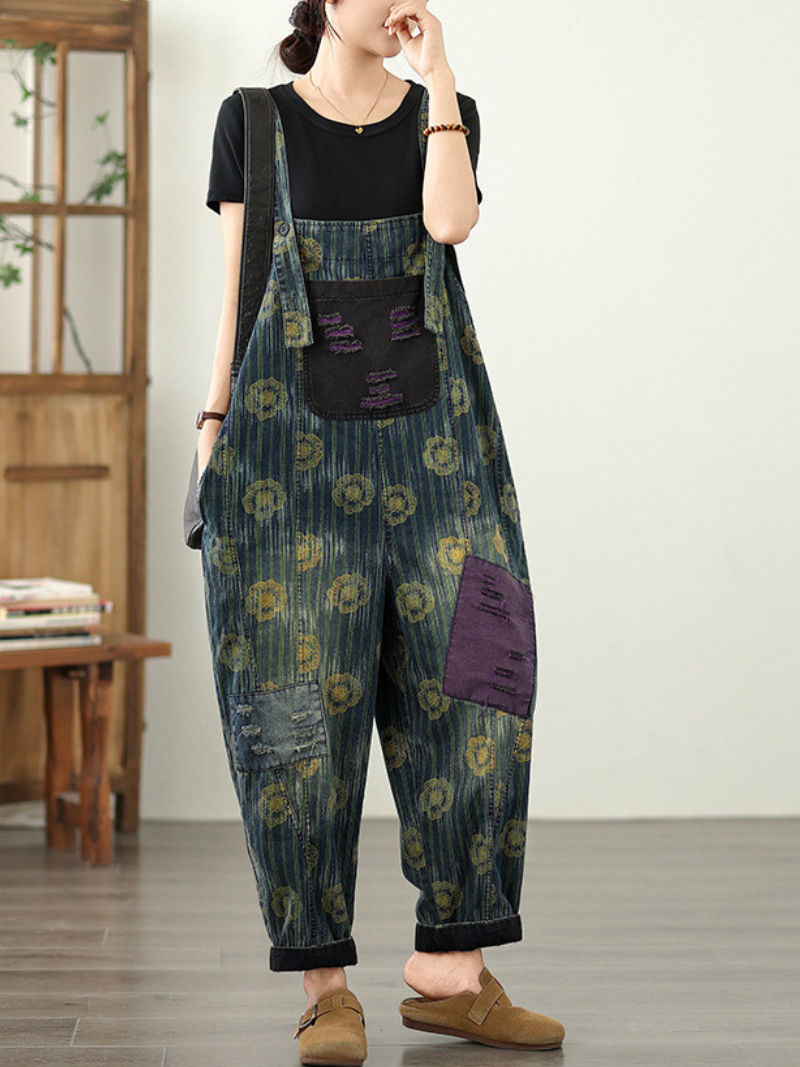 Denim floral décontracté et tendance des femmes Dungaree dans l'ensemble