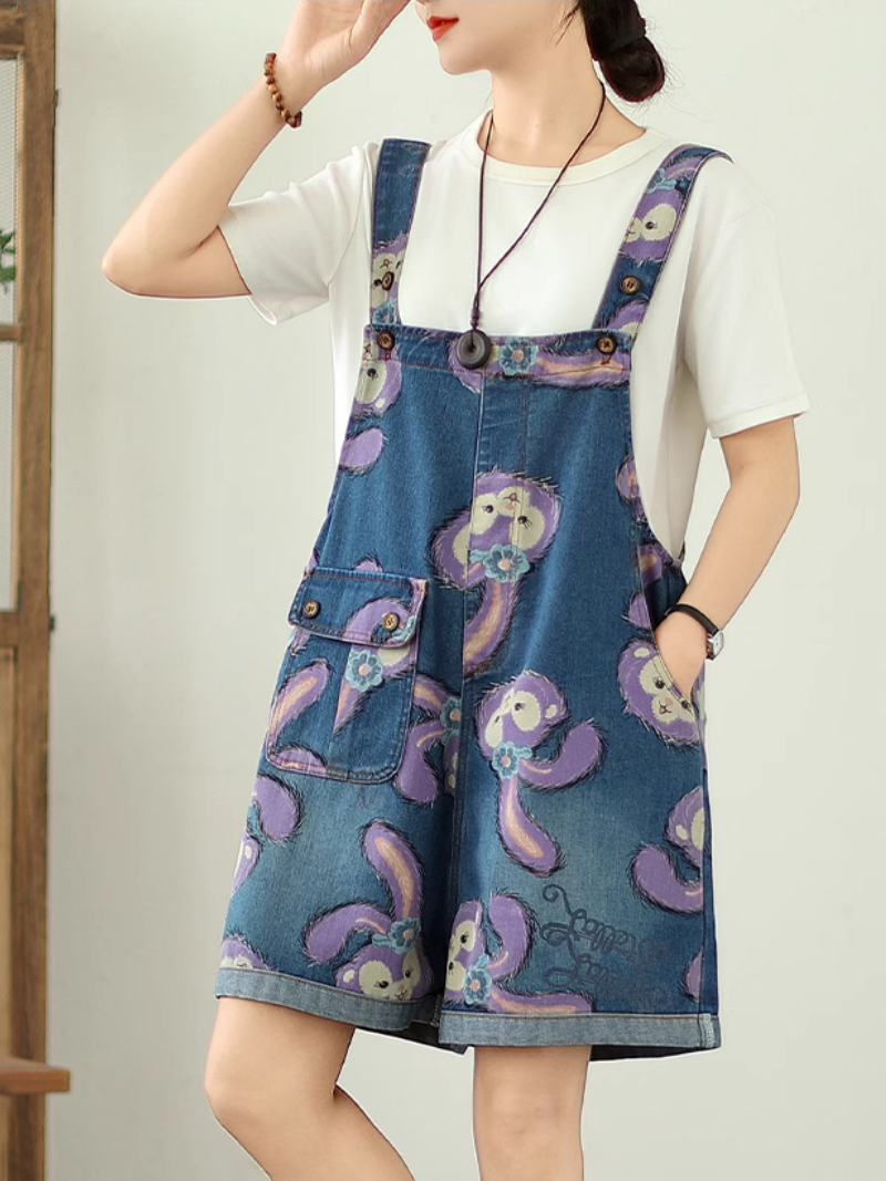 Cartoon Style Printed Denim Short Overalls for Women | Eva Trends
