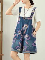 Cartoon Style Printed Denim Short Overalls for Women | Eva Trends