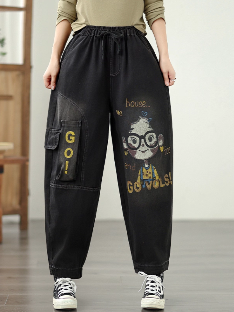 Playful Graphic Relaxed Women's Denim Pants with Elastic Waist and Pockets