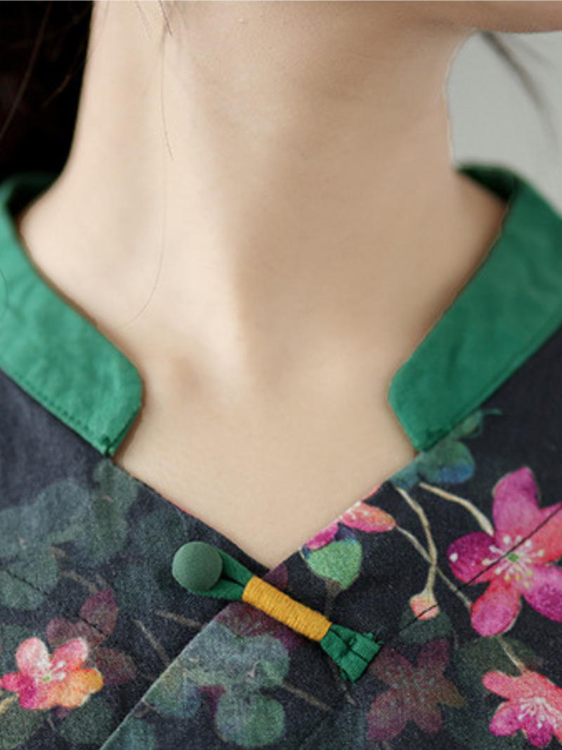 Artisanal Cotton-Linen Floral Blouse with Mandarin Collar and Wrap Detail