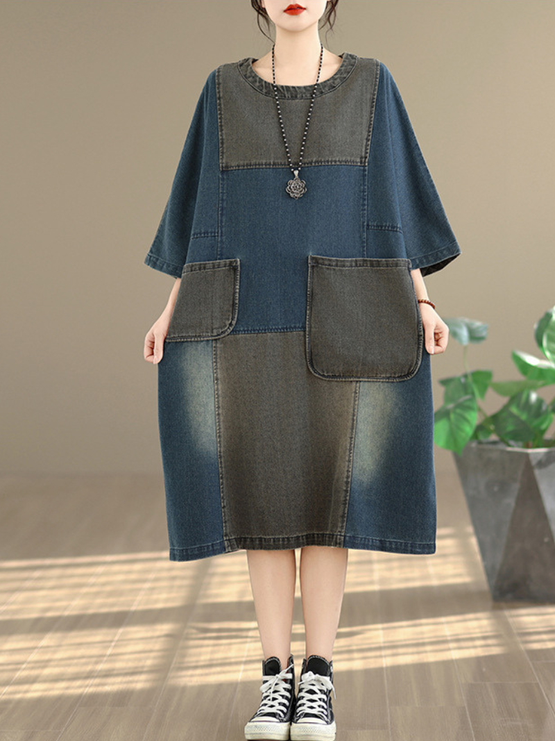 Artisanal Patchwork Denim Dress with Oversized Pockets, Relaxed Cocoon Fit