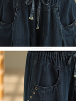 Relaxed Wide-Leg Denim Cotton Palazzo Pants with Drawstring Waist and Deep Pockets
