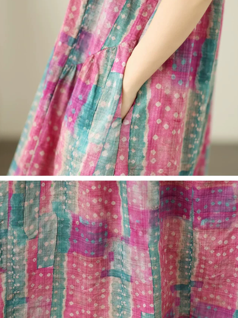 Artisanal Boho Midi Dress in Cotton Linen Blend, Relaxed Painterly Print