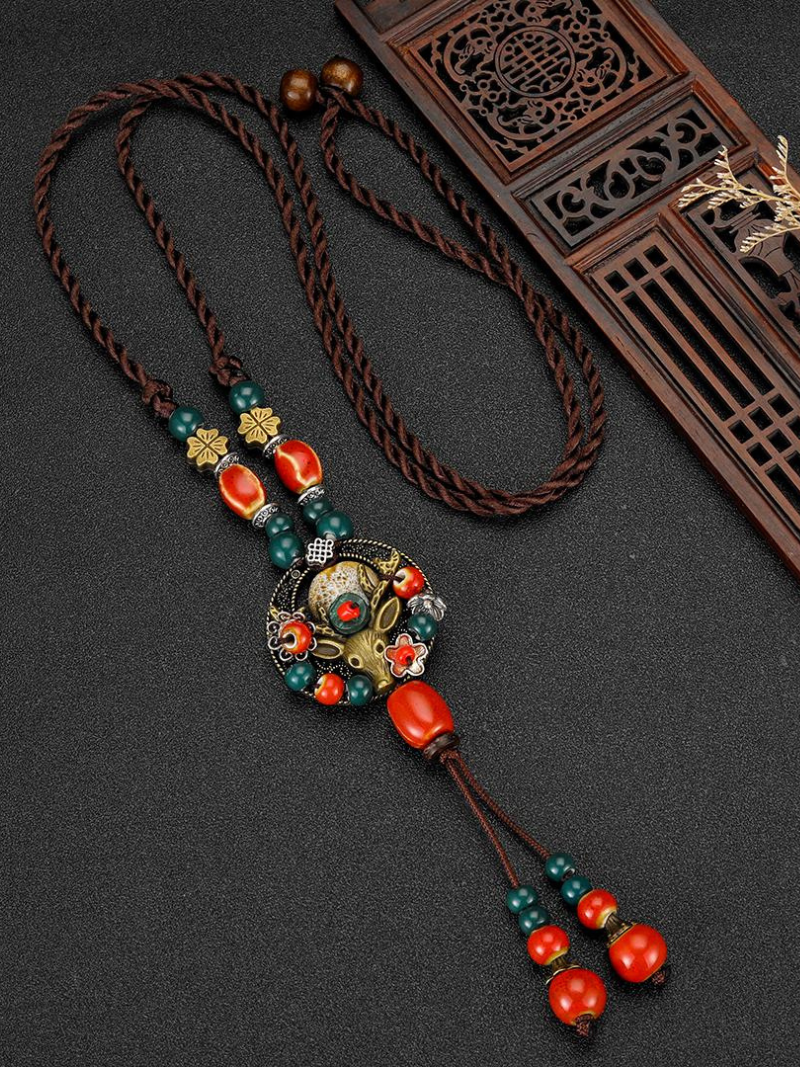 Chine esthétique de style ethnique Chaîne Rétros Retro Retro tissé de style chinois Collier en céramique Pendentif