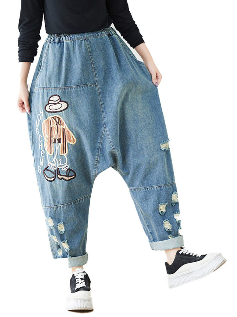 Stilvolle Jeans mit Cartoon-Stickerei für Damen mit lockerer Hose