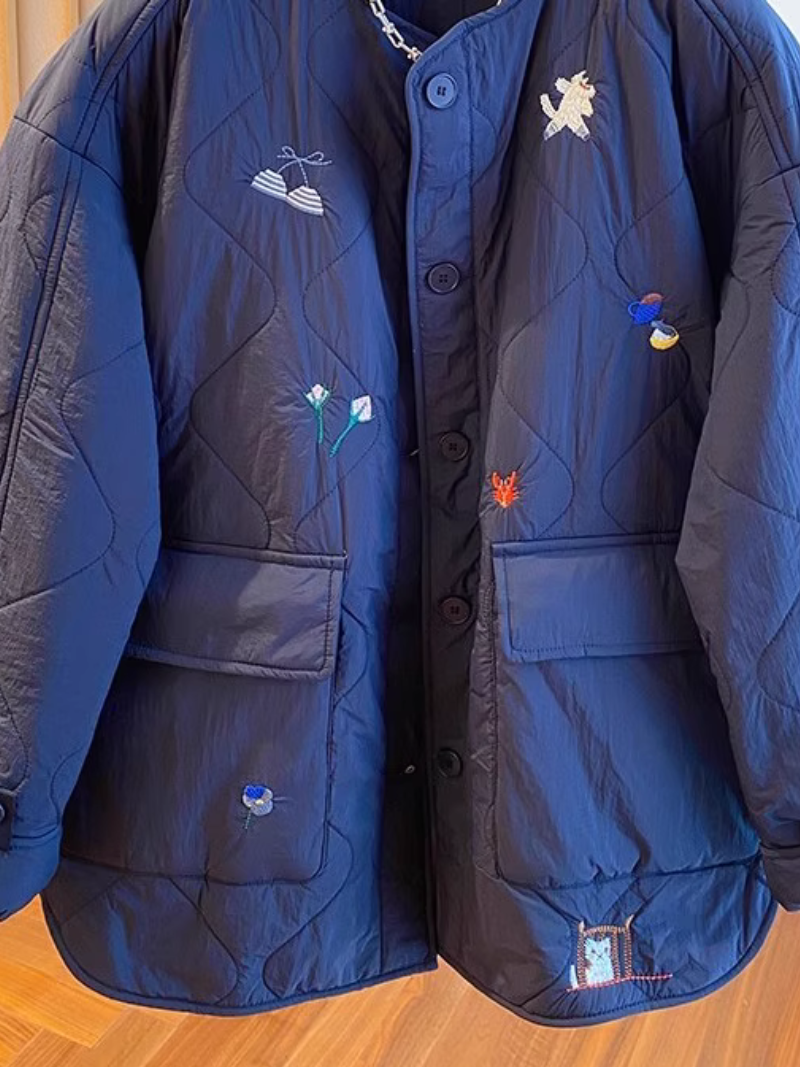 Chic Quilted Jacket, Embroidered Oversized Silhouette with Patch Pockets, Cotton-Poly