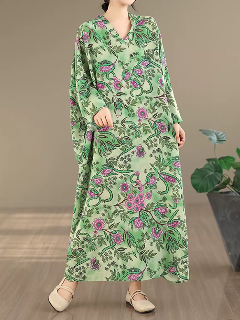 Botanical Print Maxi Kaftan Dress in Airy Artificial Cotton Elegance