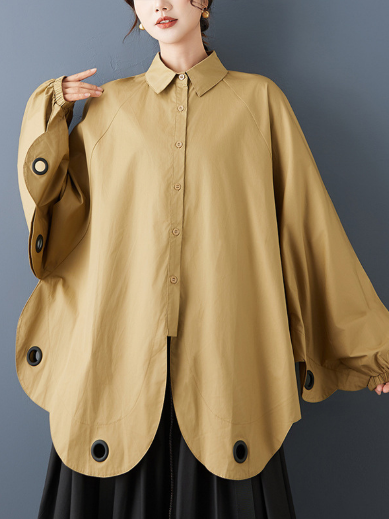Sculpted Scallop Oversized Blouse in Yellow, Elegant Polyester Button-Down Shirt
