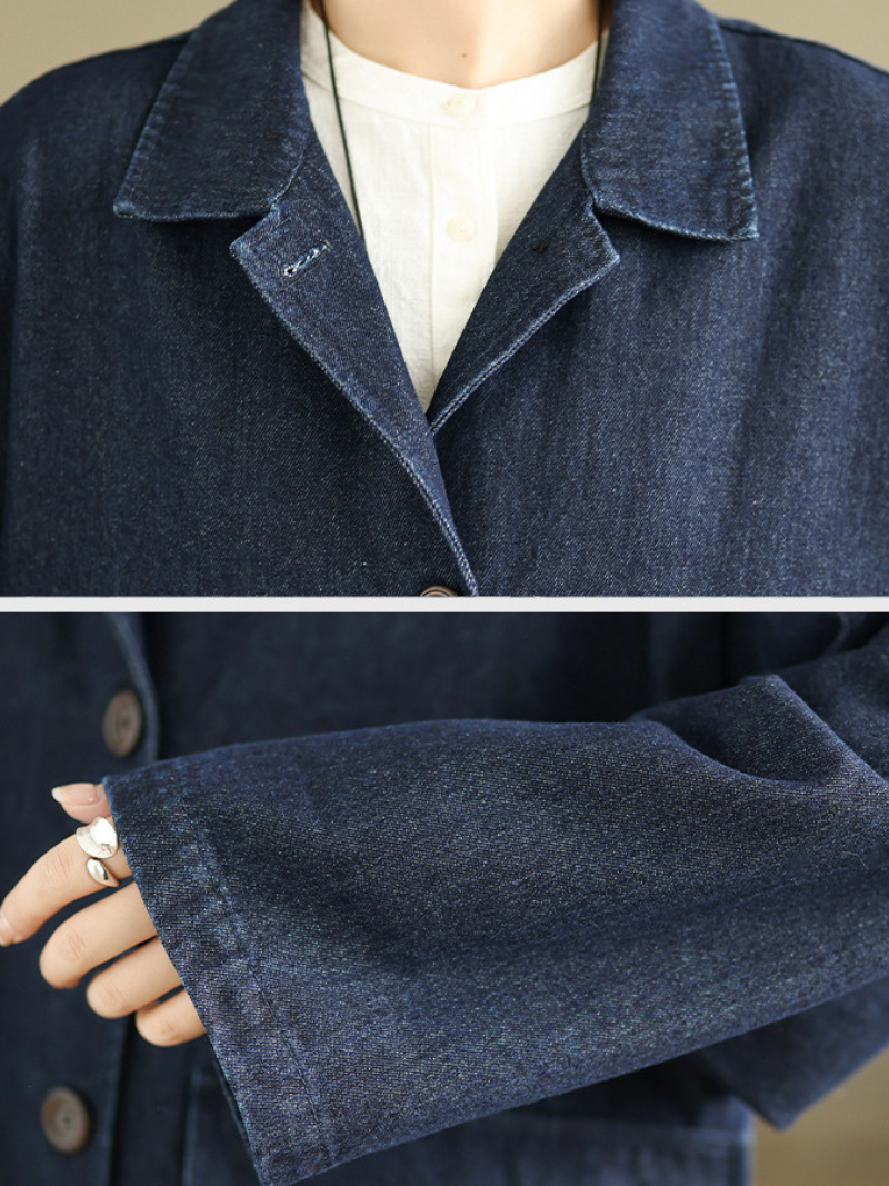 Artfully Relaxed Long Denim Cotton Coat with Notched Collar, Patch Pockets
