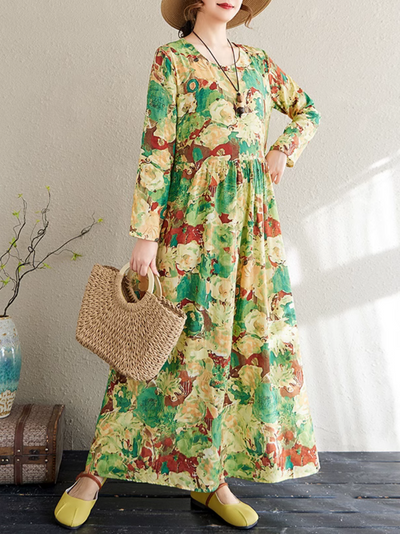 Women's Spring Loose Green Flower Printed Smock dress