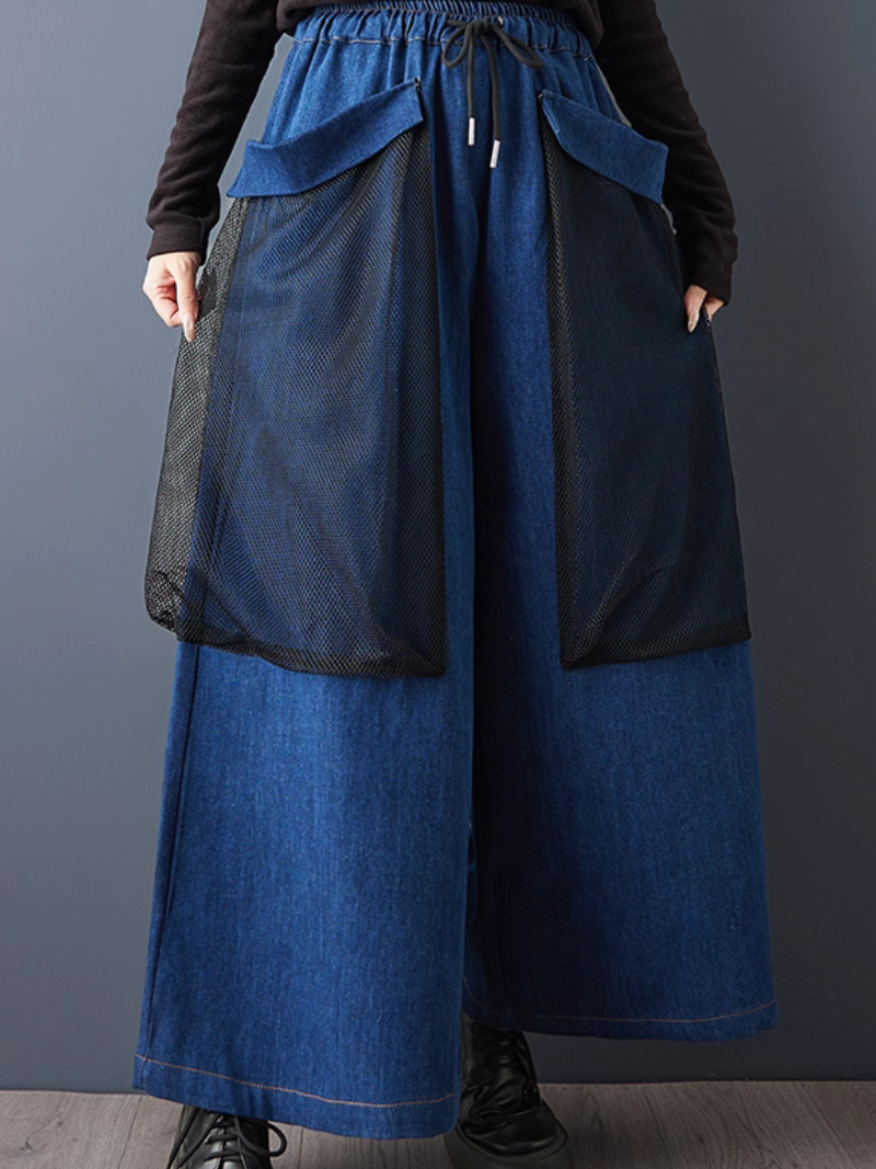 Avant-Garde Mesh Overlay Wide-Leg Denim Pants with Drawstring, High-Rise Waist