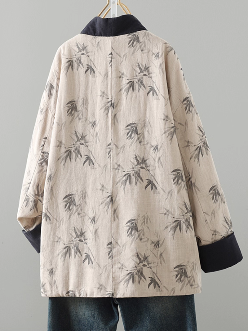 Bamboo Print Cotton-Linen Kimono Jacket with Contrast Trim and Tie