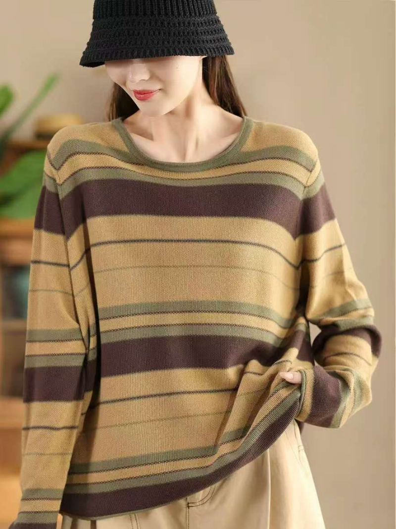 Women’s Retro Stripe Cotton Knit Pullover Sweater