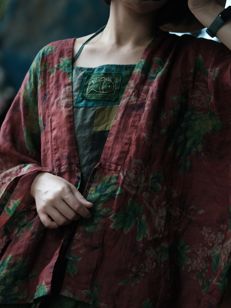 Women Summer Ramie Cardigan with Digital Print