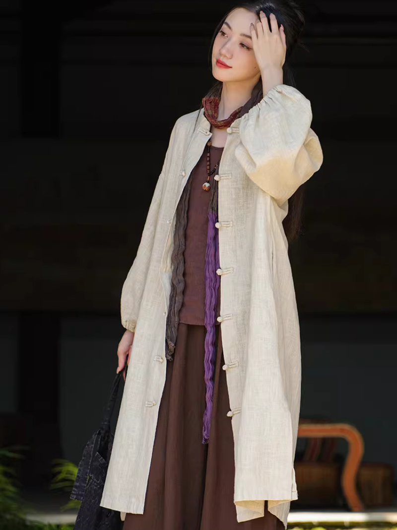 Chic Cotton Linen Mandarin-Collar Duster Coat with Frog Closures, Timeless Elegance