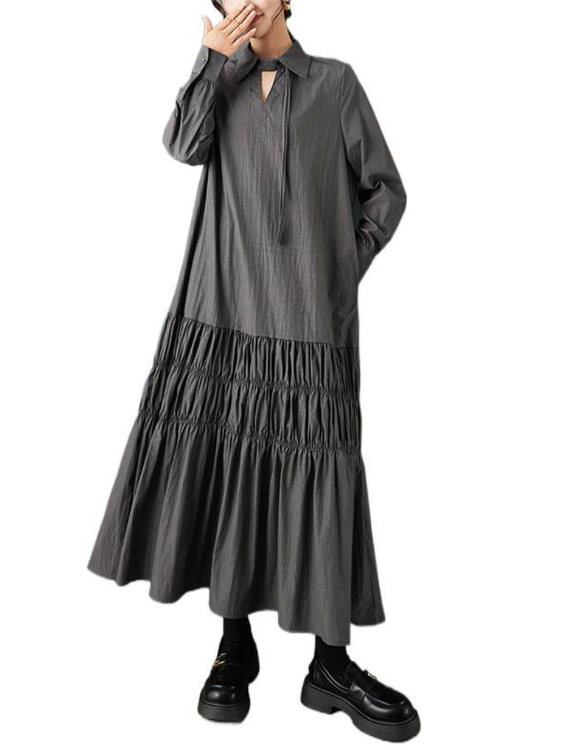 Chic Collared Tiered Maxi Dress with Tie Neck and Ruched Hem