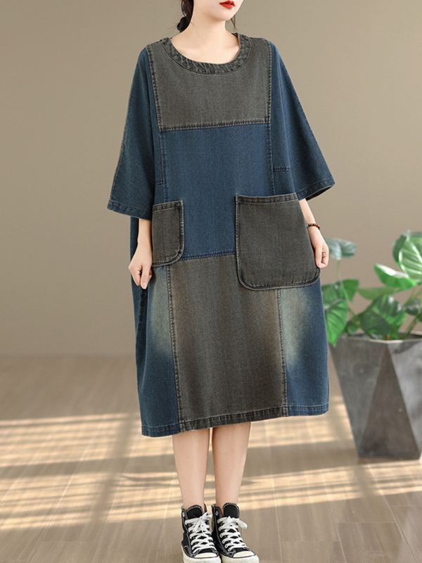 Artisanal Patchwork Denim Dress with Oversized Pockets, Relaxed Cocoon Fit