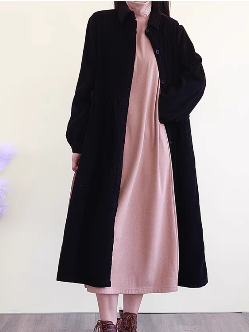 Fine Corduroy A-Line Midi Shirt Dress with Pockets and Collar