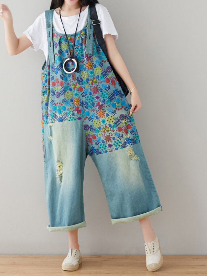 Jeans imprimés de vêtements pour femmes trous blancs larges salopettes de jambe