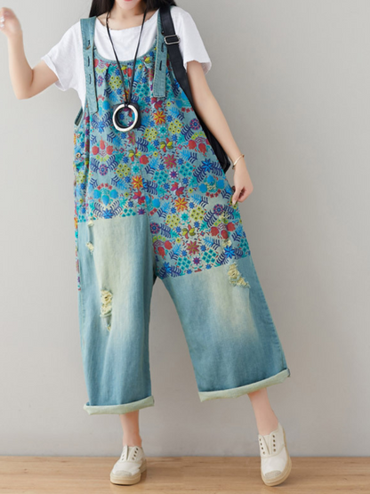 Chic Women's Loose Wide-Leg Floral Denim Overalls | Eva Trends