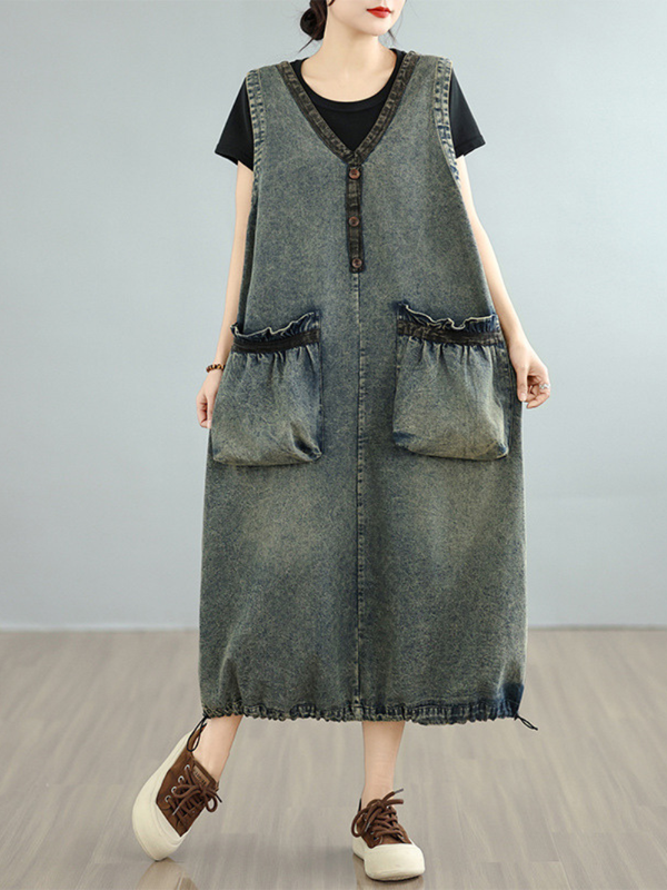 Relaxed V-Neck Denim Dress with Oversized Pockets, Effortless Pinafore