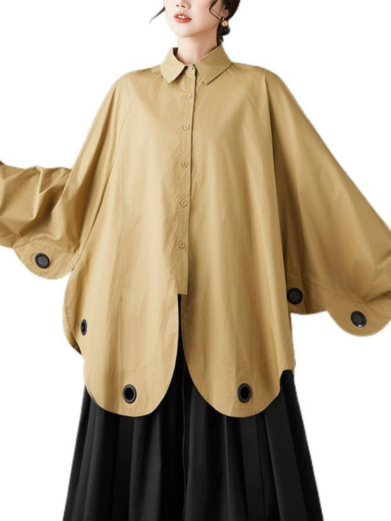 Sculpted Scallop Oversized Blouse in Yellow, Elegant Polyester Button-Down Shirt