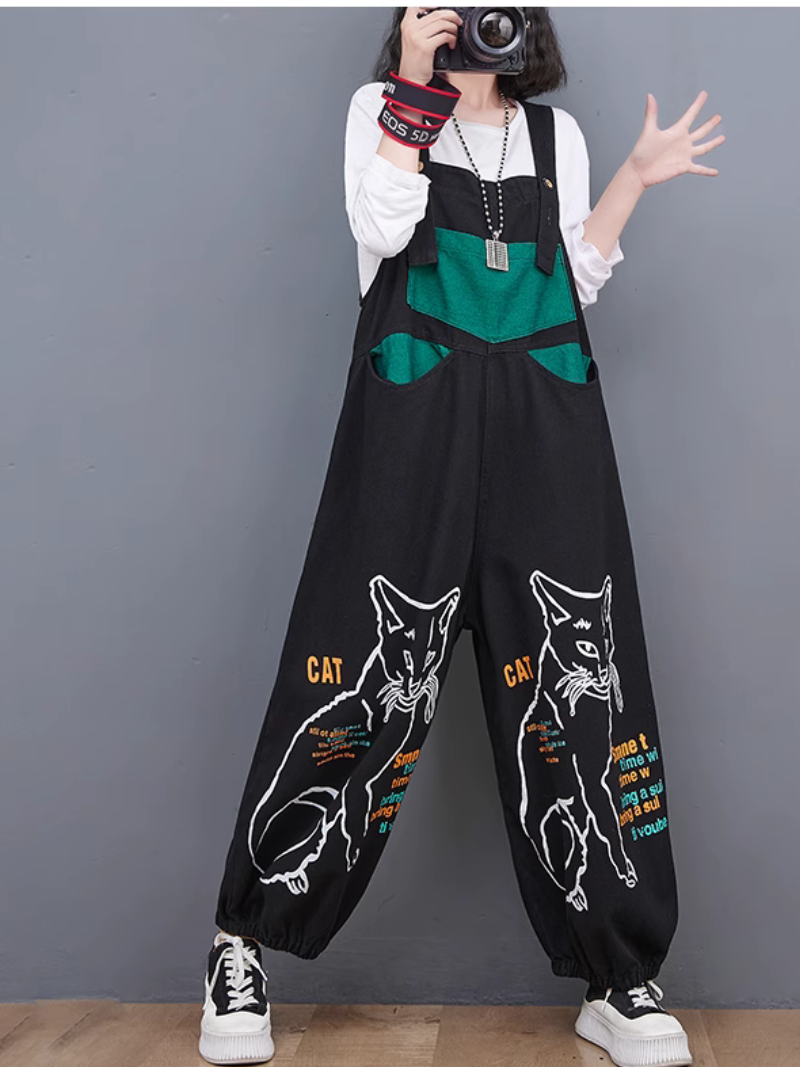 Women's Stylish High Waist Retro Cat Print Overalls Dungarees
