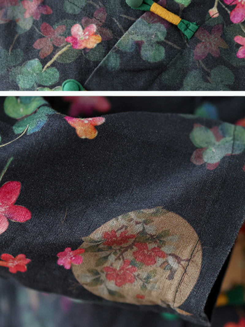 Artisanal Cotton-Linen Floral Blouse with Mandarin Collar and Wrap Detail