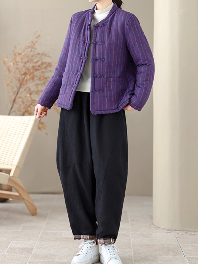 Heritage-inspired striped cotton jacket with mandarin collar, elegant women's outerwear
