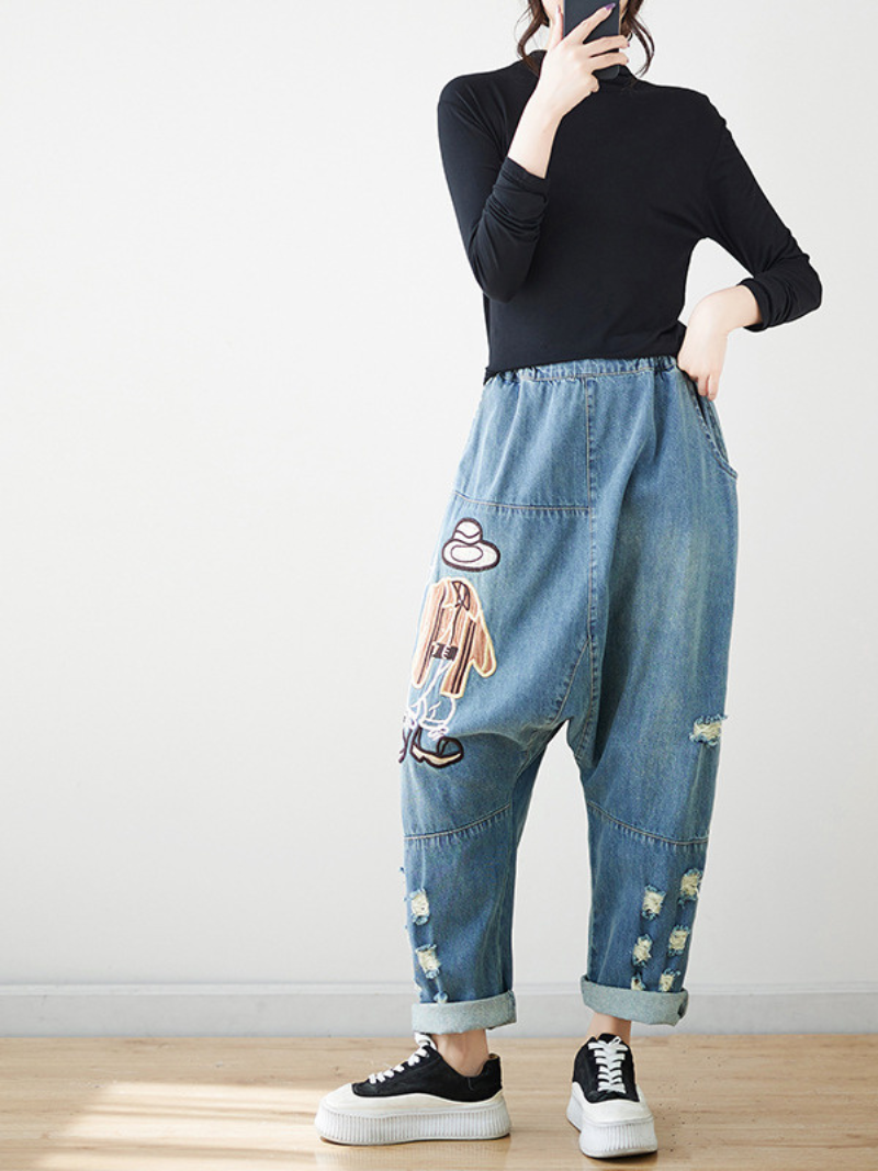 Jeans de broderie de dessins animés élégants pour femmes en bas en vrac