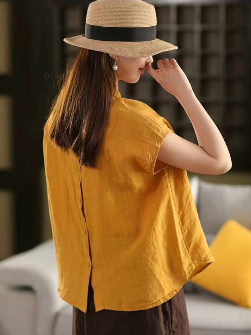 Women’s Ramie Collar Shirt Top Loose Fit Casual Wear