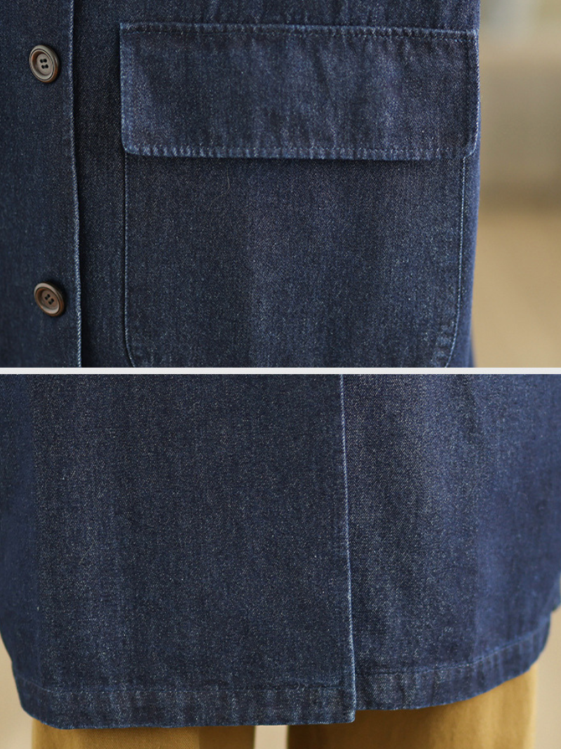 Artfully Relaxed Long Denim Cotton Coat with Notched Collar, Patch Pockets