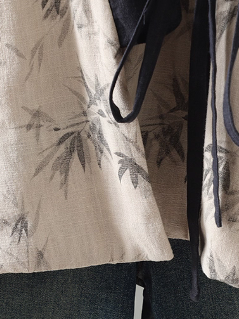 Bamboo Print Cotton-Linen Kimono Jacket with Contrast Trim and Tie