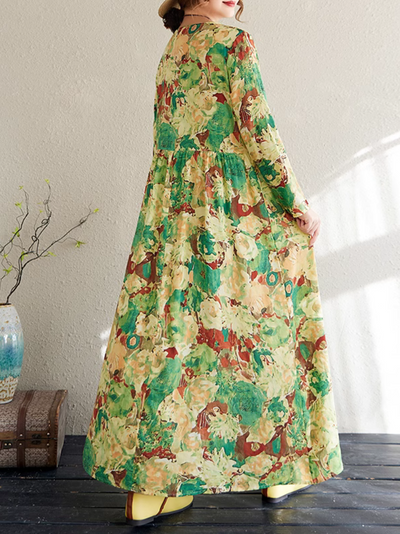 Women's Spring Loose Green Flower Printed Smock dress