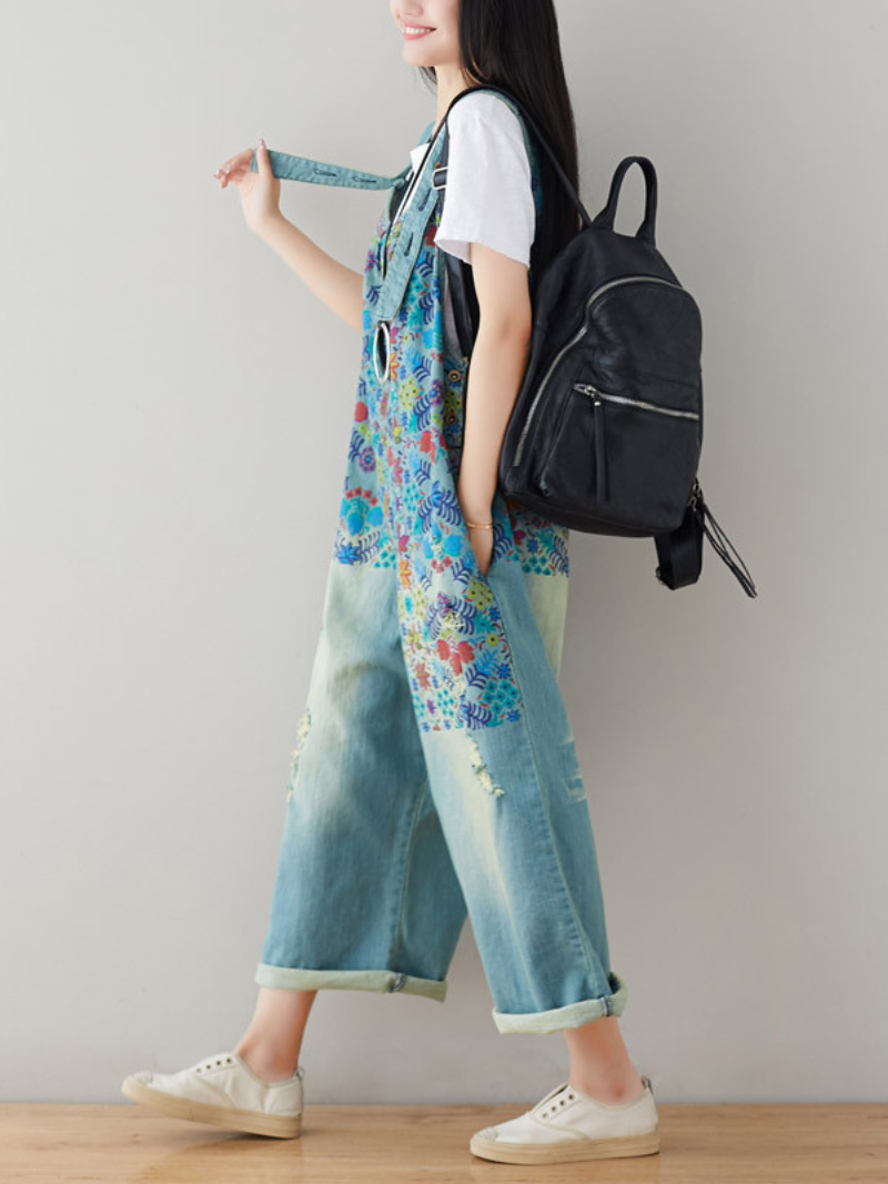 Salopette en coton denim à jambes larges bohème avec imprimé floral patchwork vibrant 