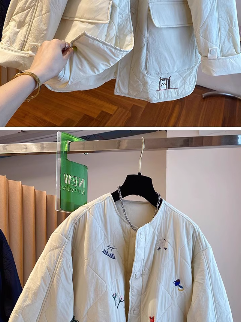 Chic Quilted Jacket, Embroidered Oversized Silhouette with Patch Pockets, Cotton-Poly