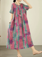 Artisanal Boho Midi Dress in Cotton Linen Blend, Relaxed Painterly Print